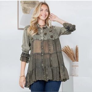 Young Threads Boho Tiered Tunic Top Sage Green Embroidered Floral Peasant Blouse